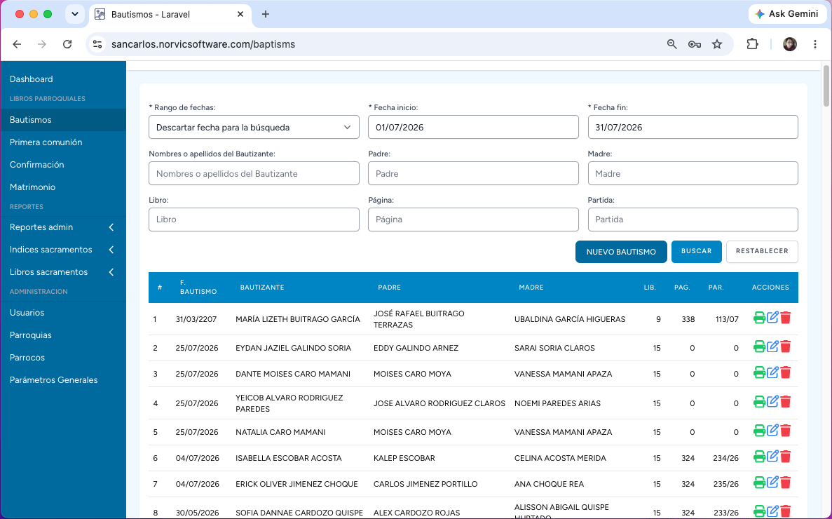 Sistema ISAP - Módulo de Bautismos, software para iglesias en Latinoamérica